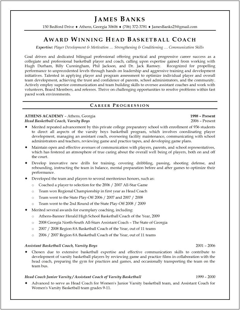 Head Varsity Basketball Coach Job Resume