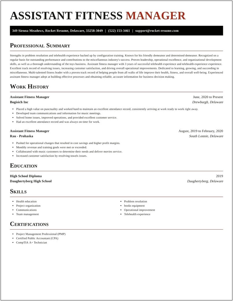 Health And Fitness Manager Resume