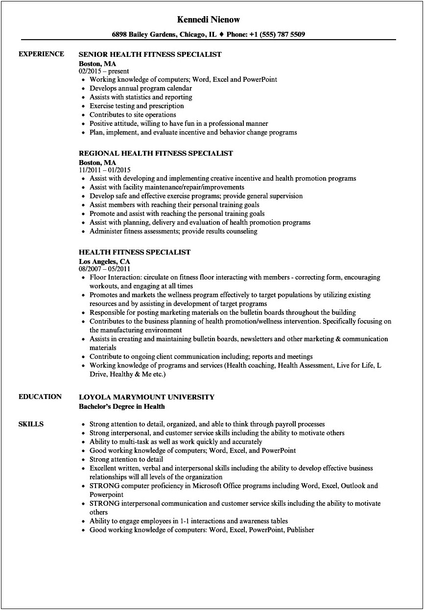 Health And Fitness Resume Samples