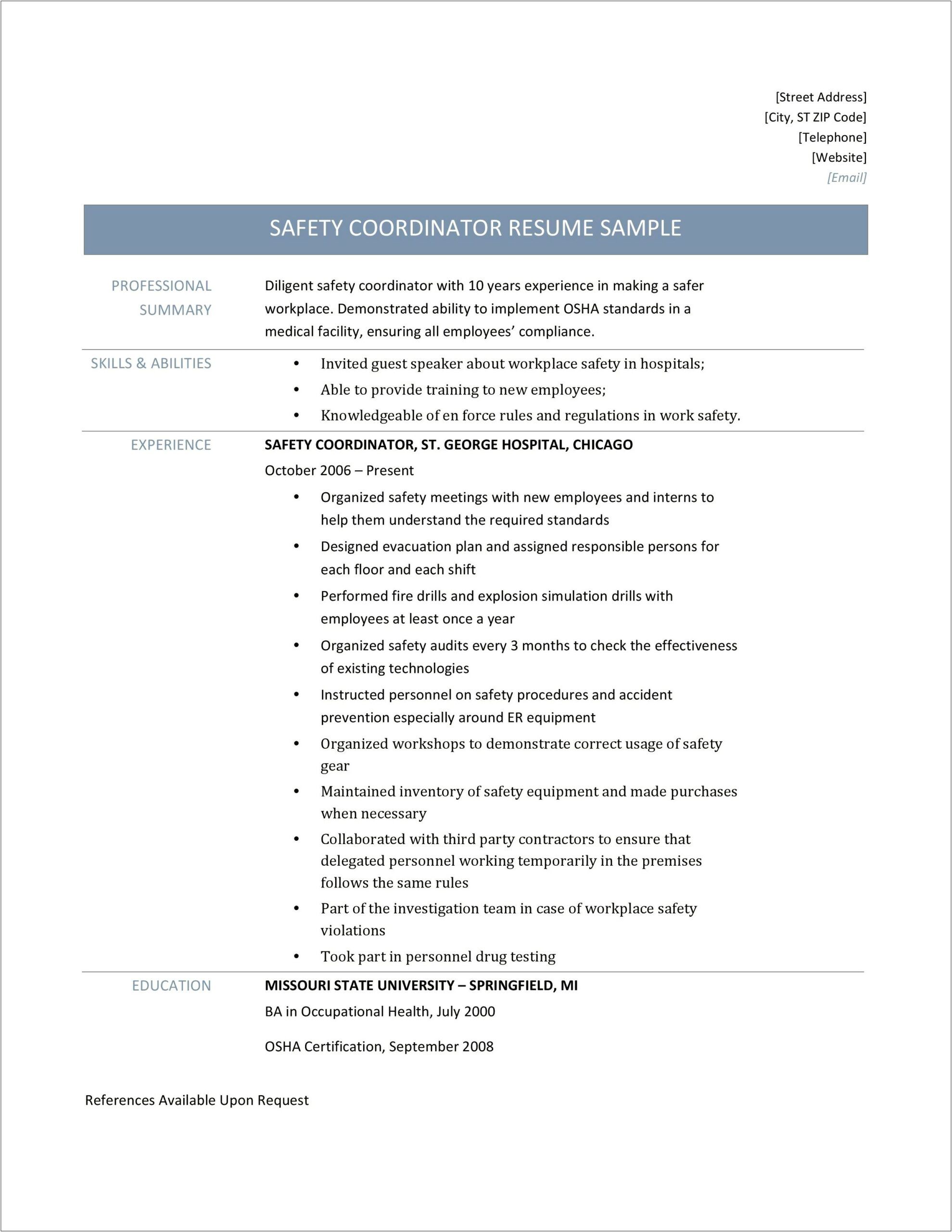 Health And Safety Resume Examples