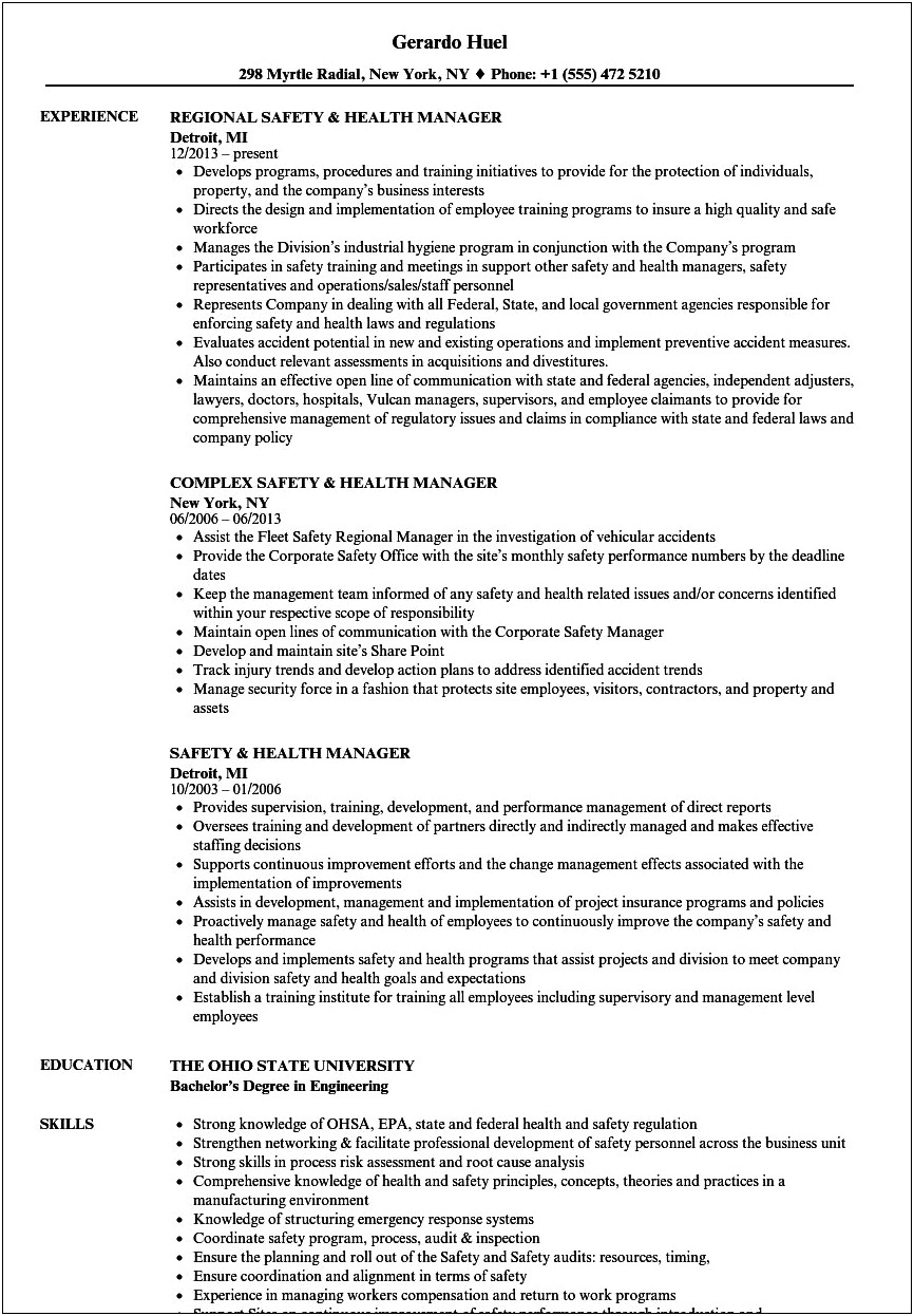 Health And Safety Resume Job Description