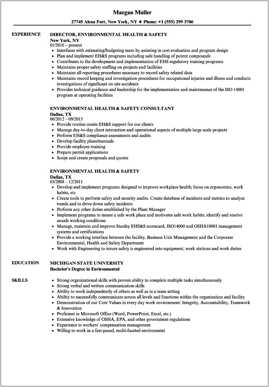 Health And Safety Specialist Resume Sample