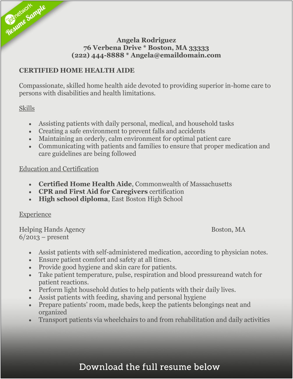 Health Care Aide Sample Resumes
