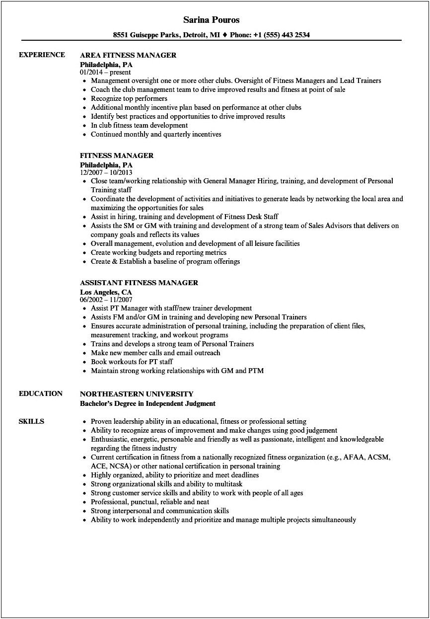 Health Club General Manager Resume