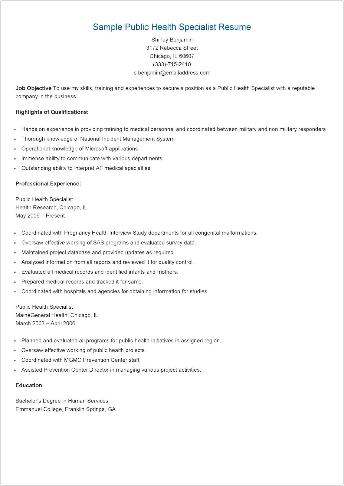 Health Education Specialist Resume Example