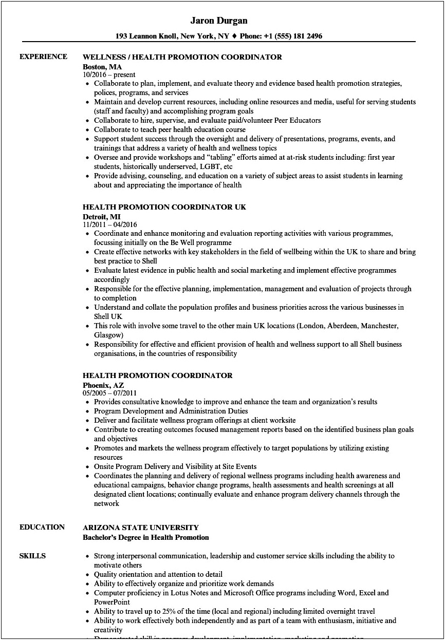 Health Educator Job Description Resume