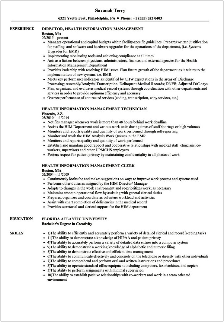 Health Information Management Resume Examples