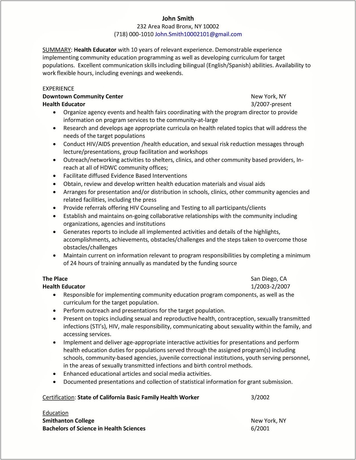 Health Promotion Specialist Resume Examples