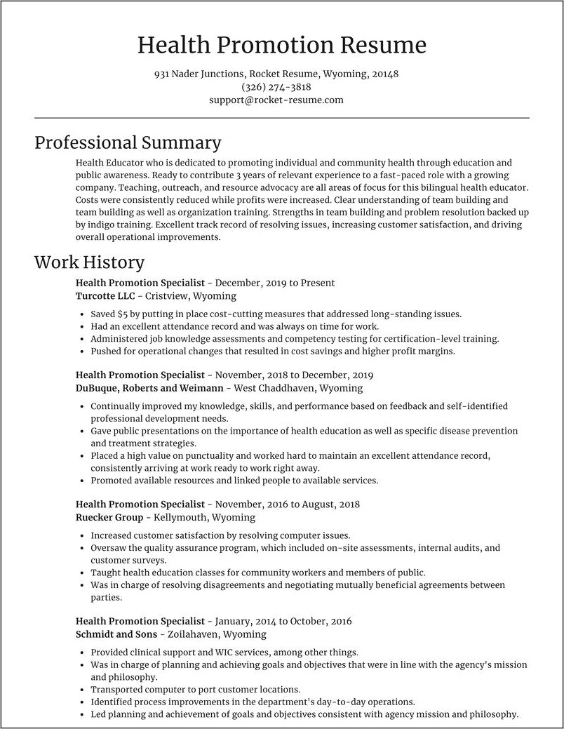 Health Promotion Specialist Resume Objective