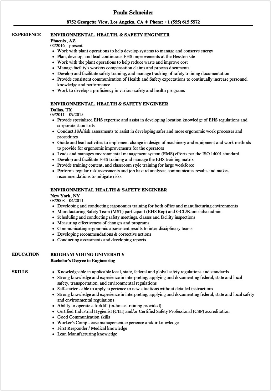 Health Safety And Environment Job Resume
