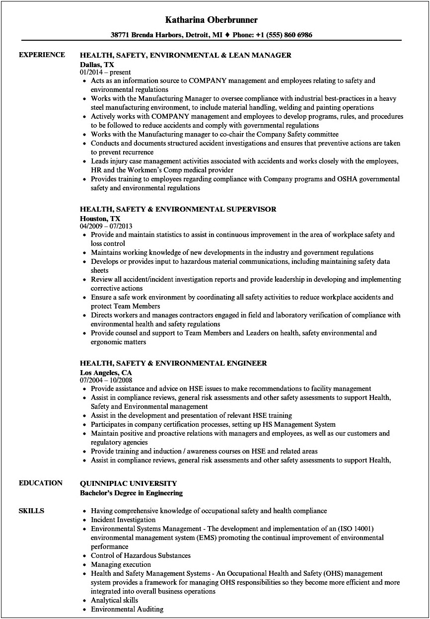 Health Safety And Environment Manager Resume