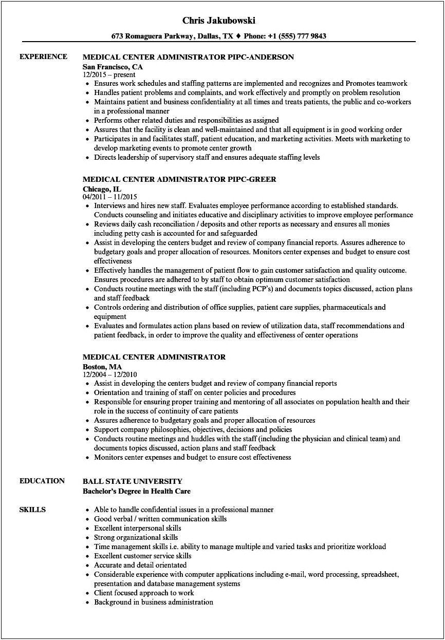 Health Services Manager Resume Sample