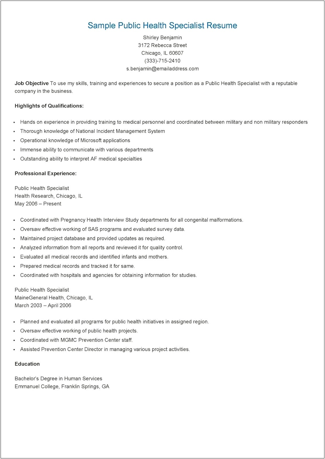 Health System Specialist Resume Example
