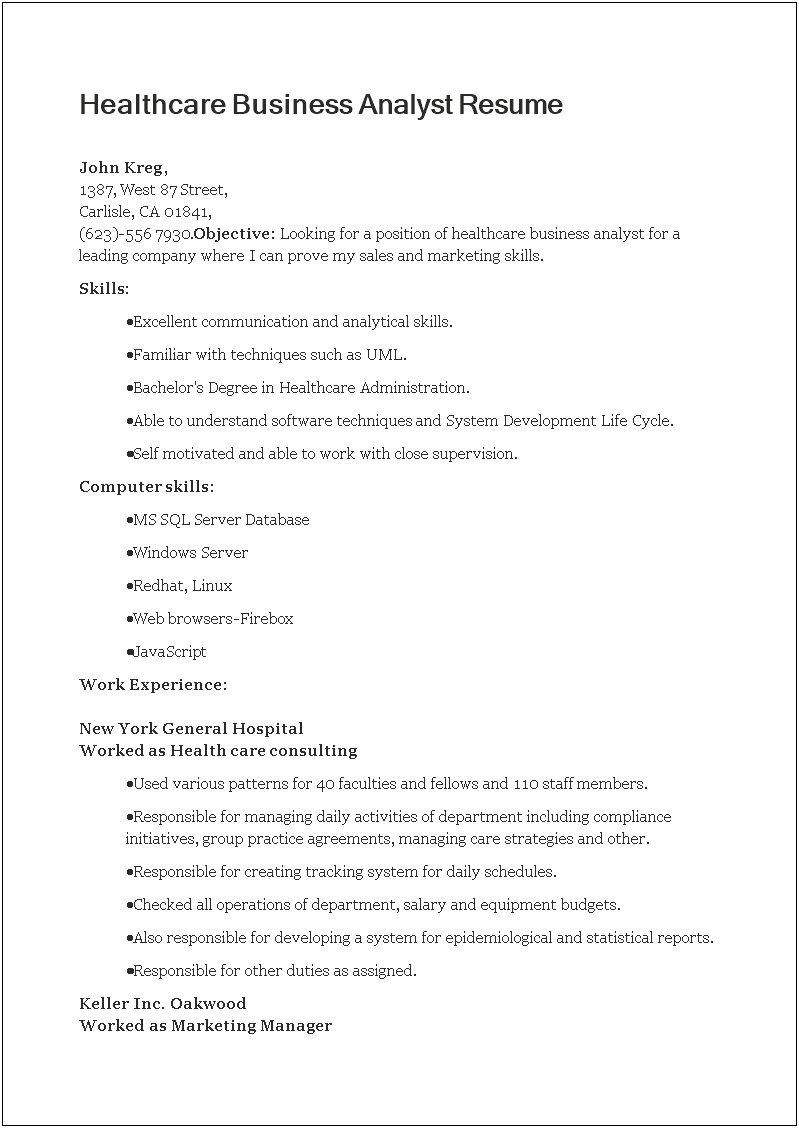 Healthcare Administration Job Description For Resume