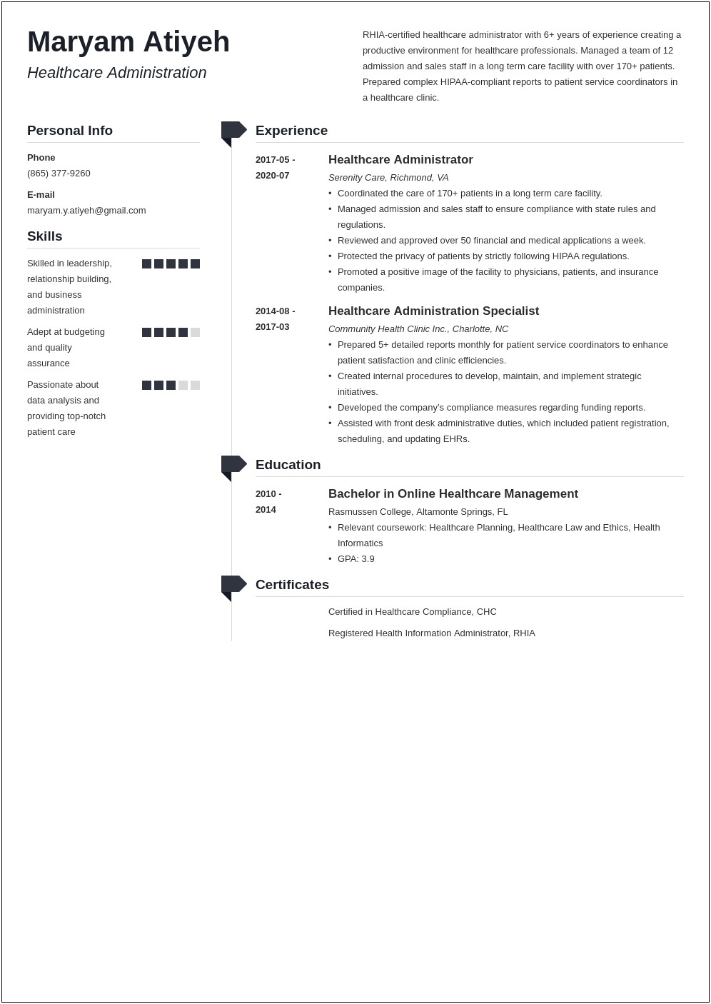 Healthcare Admnistration Resume Summary Examples
