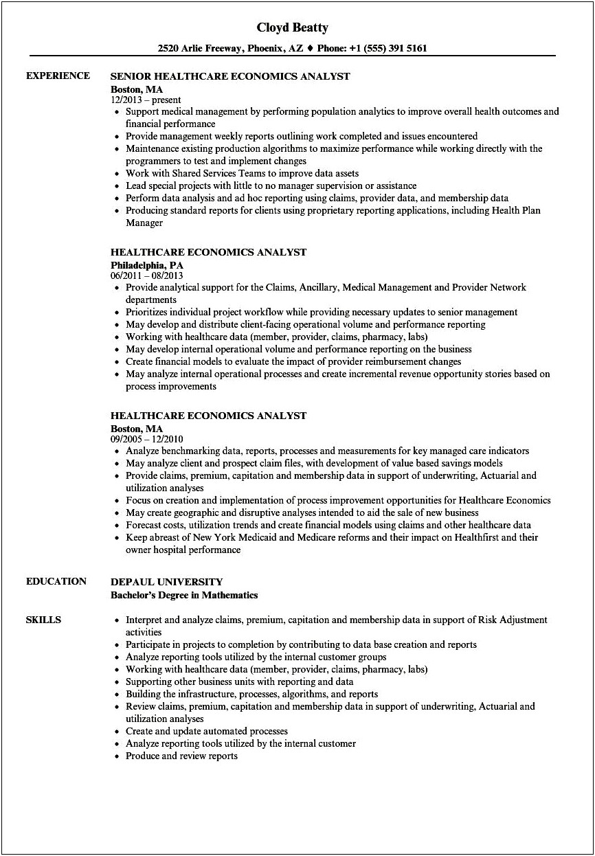 Healthcare Business Analyst Sample Resumes