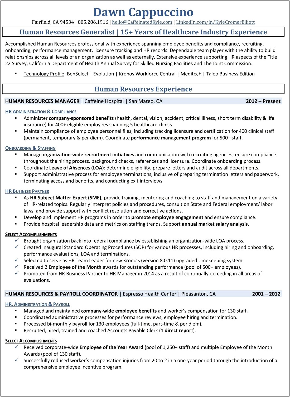 Healthcare Human Resources Manager Resume