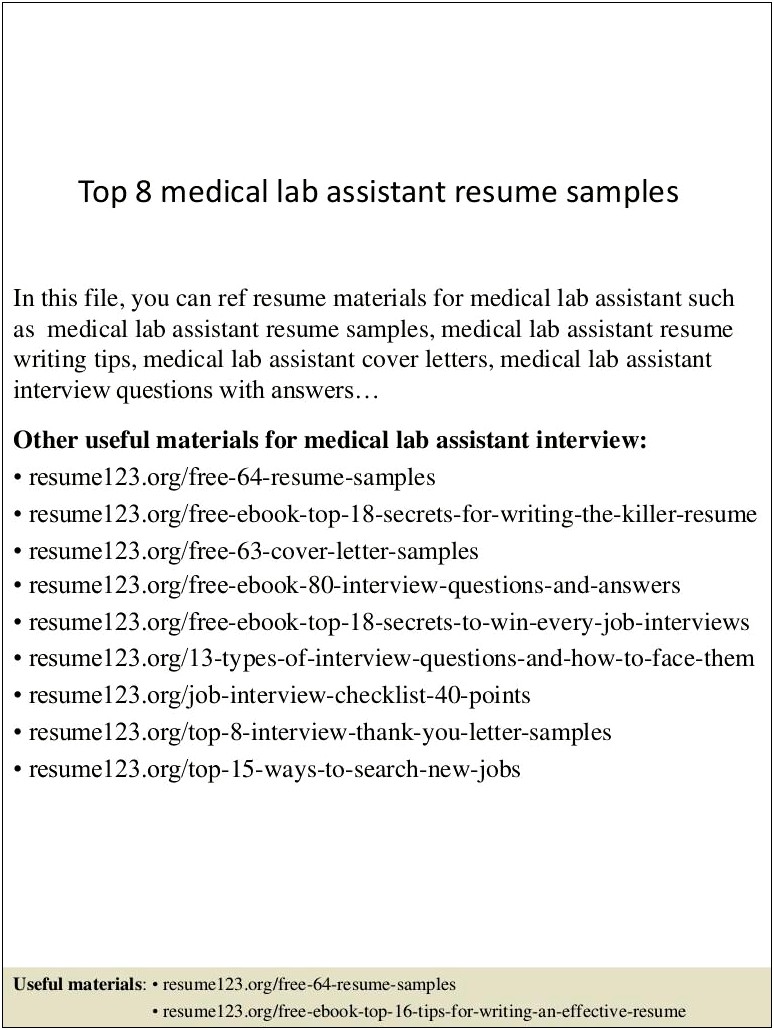 Healthcare Lab Assistant Resume Samples