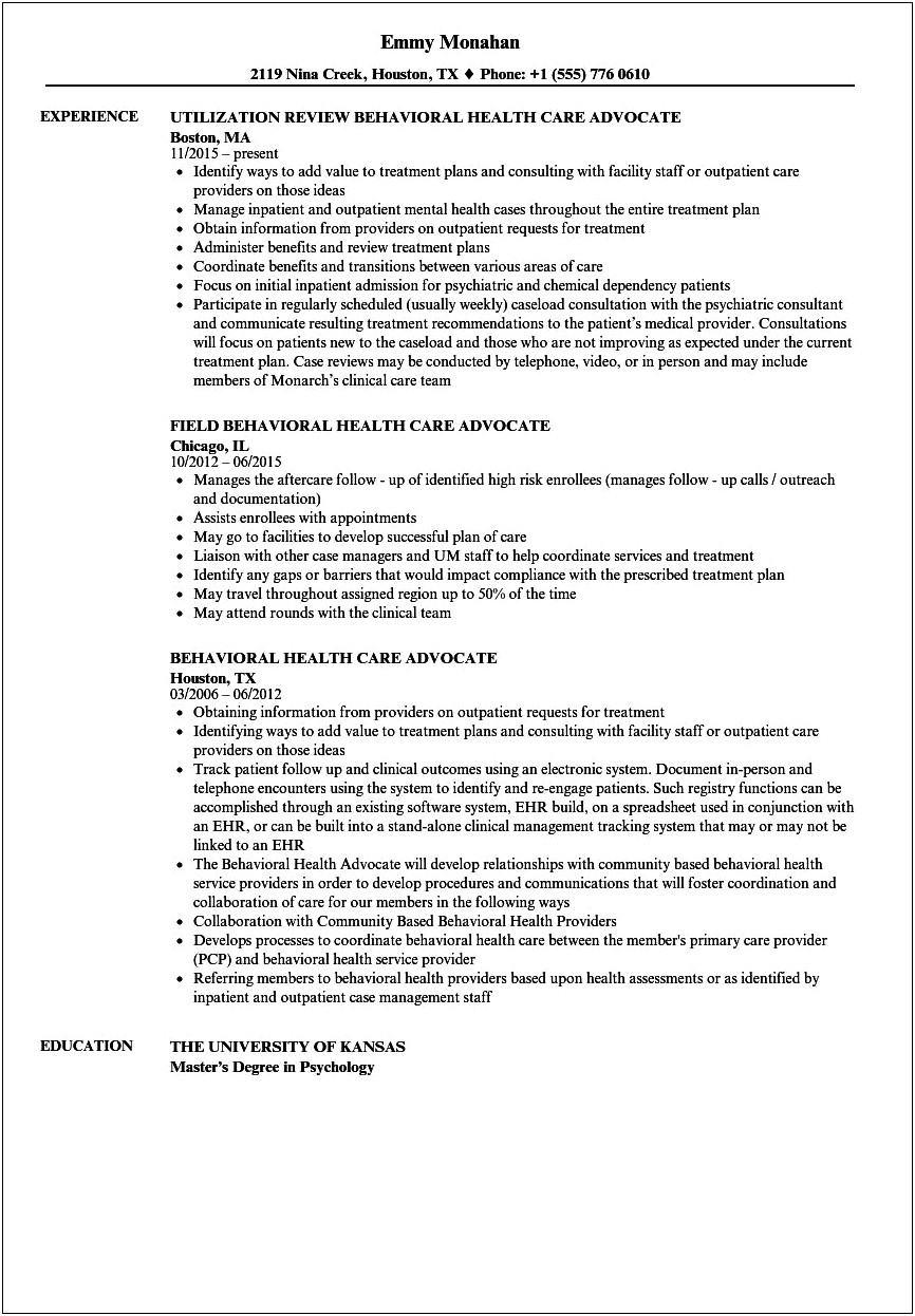 Healthcare Project Manager Advocate Resume