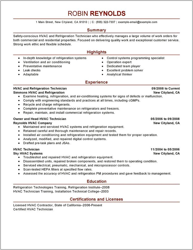 Heating Technician Job Description Resume