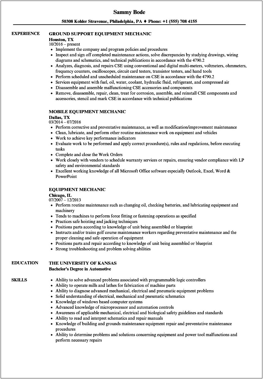 Heavy Equipment Mechanic Job Description For Resume