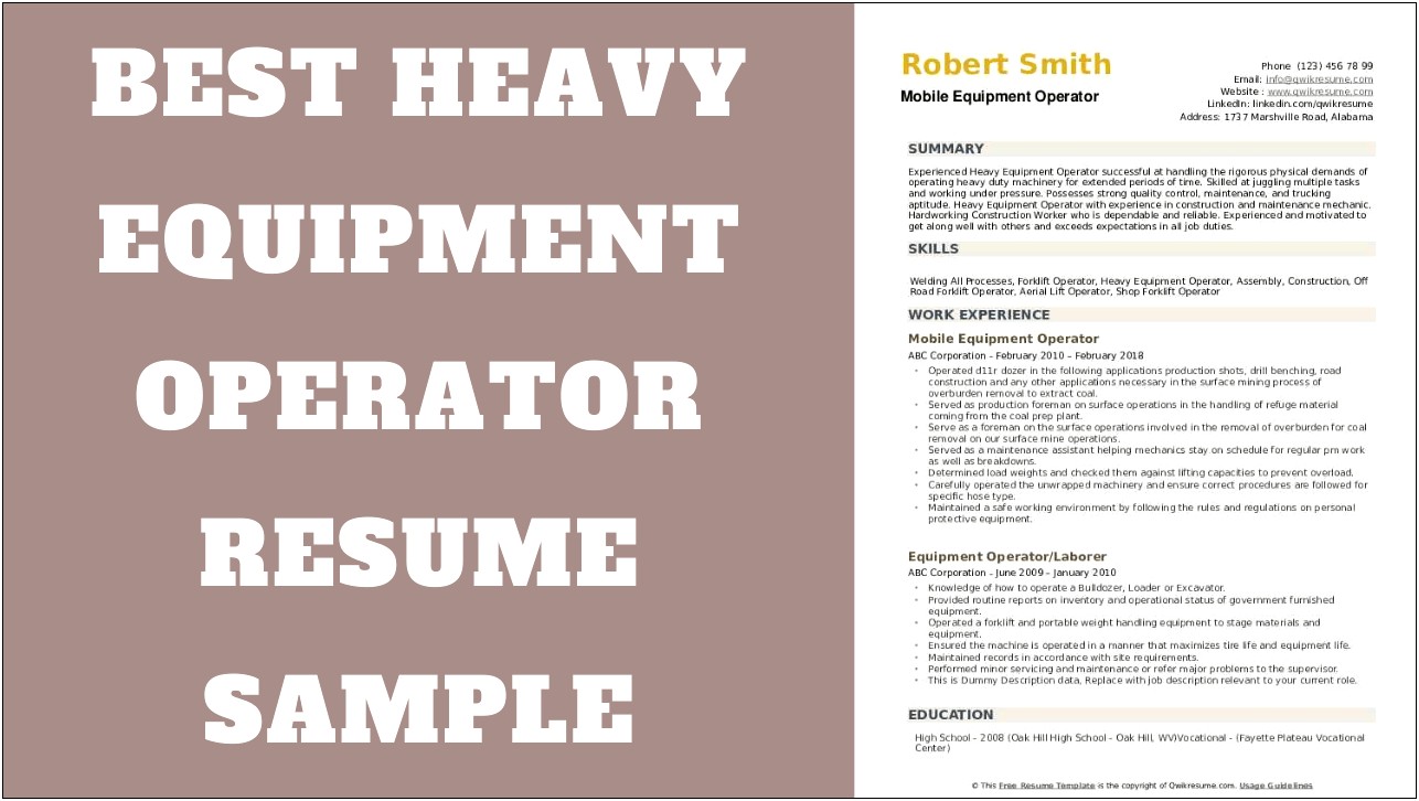 Heavy Equipment Operator Resume Example