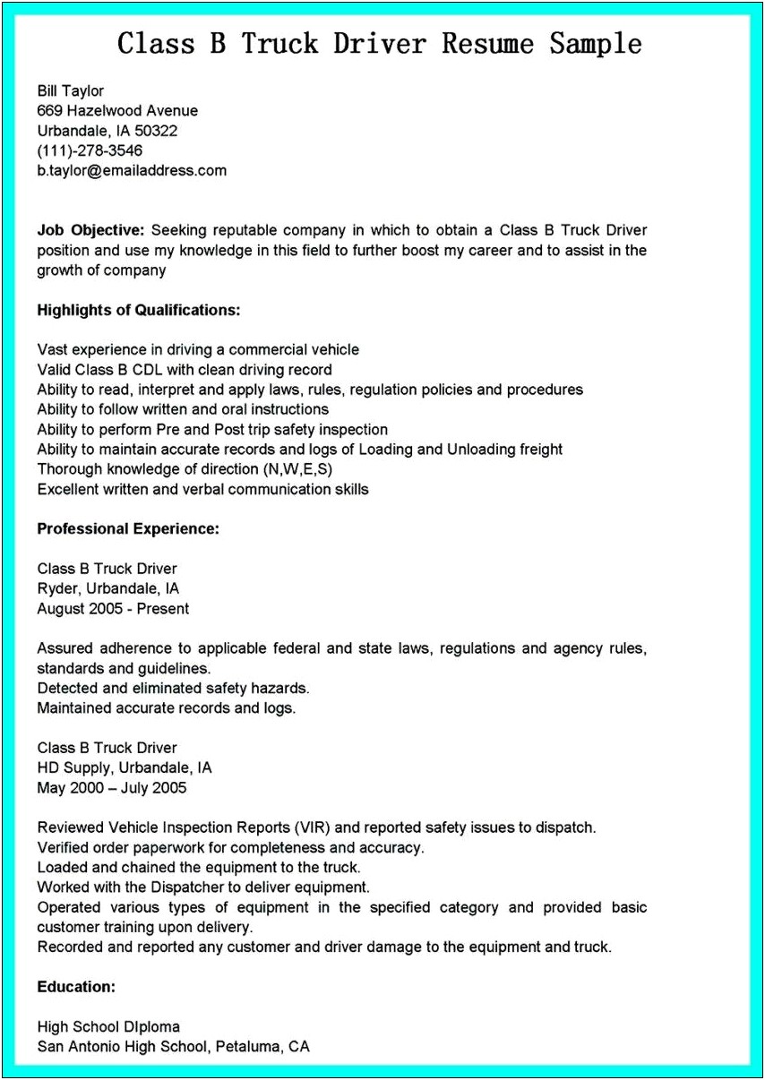 Heavy Truck Driver Objectives For Resume