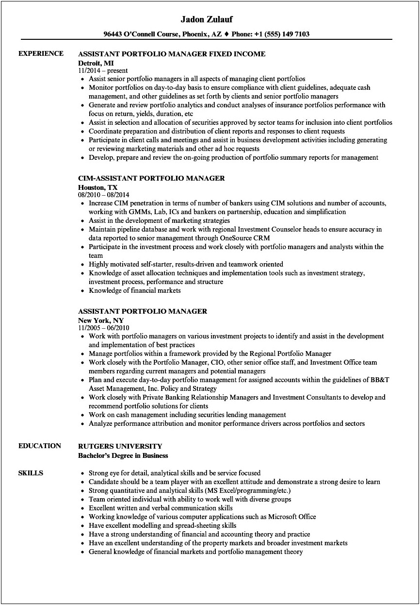 Hedge Fund Manager Resume Example