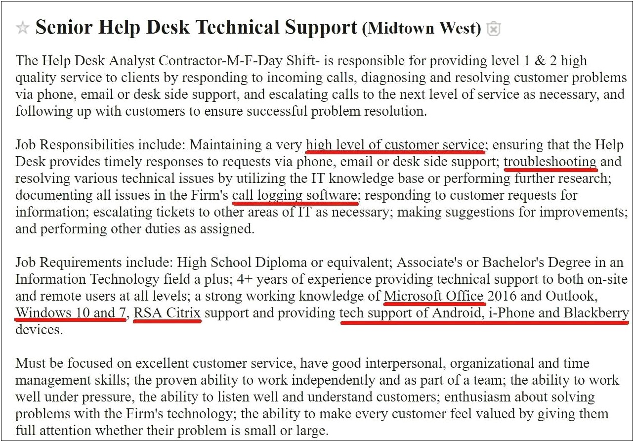 Help Desk Job Description Resume