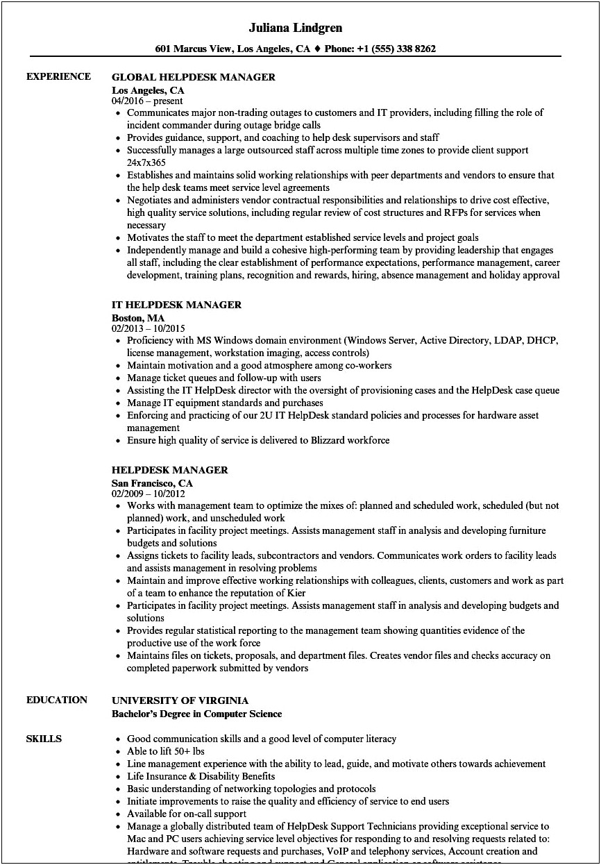 Help Desk Manager Resume Summary