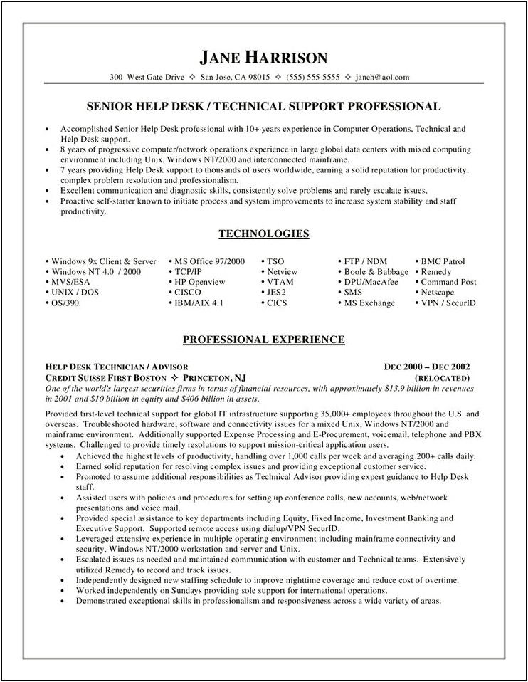 Help Desk Specialist Sample Resume