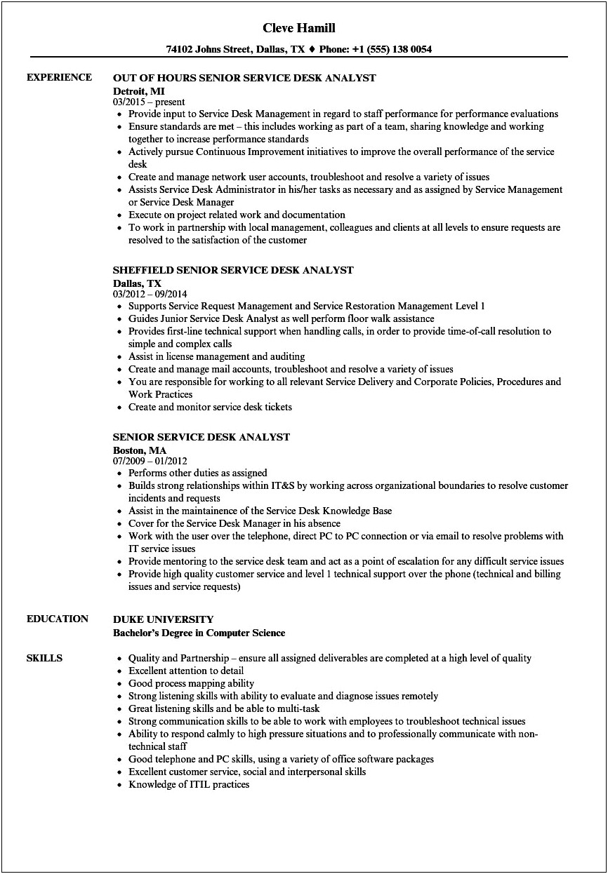 Help Desk Support Analyst Resume Example