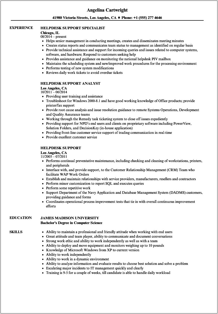 Help Desk Support Resume Skill Section Example