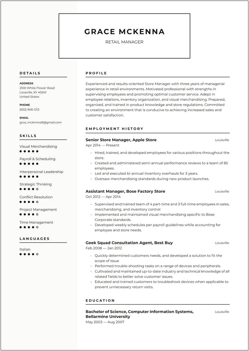 High End Retail Manager Resume