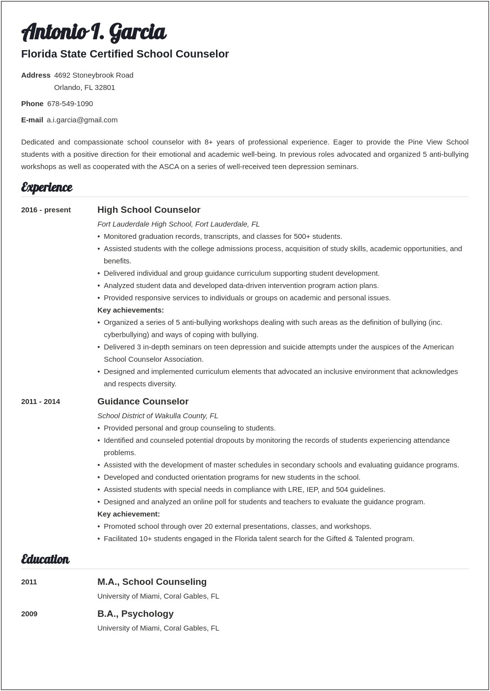 High School Counselor Resume Objective
