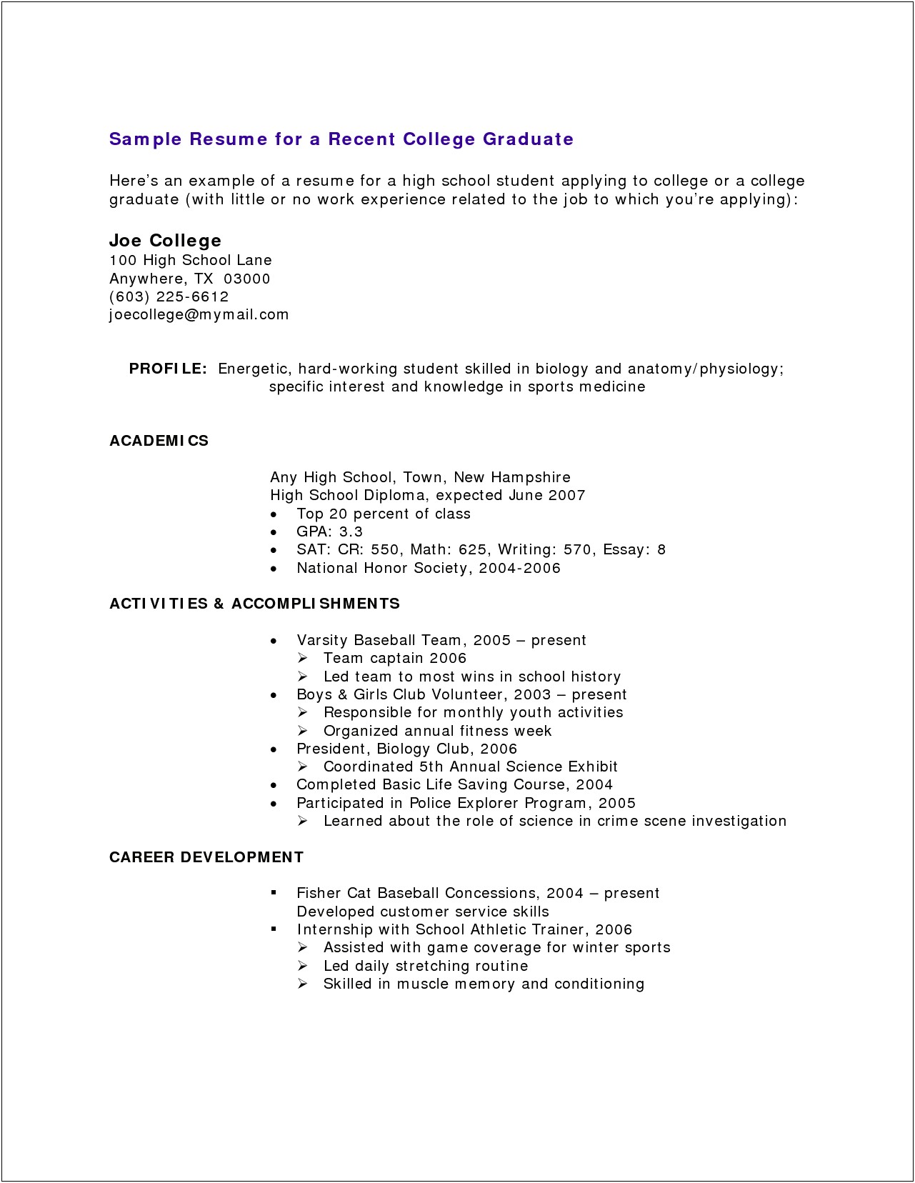 High School Graduate Resume Without Work Experience