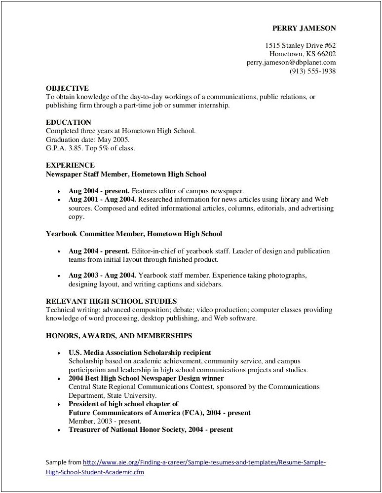 High School Internship Resume Objective