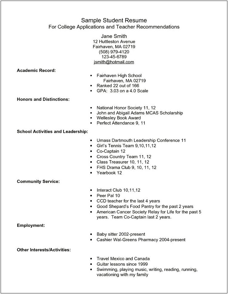 High School Into College Resume Examples