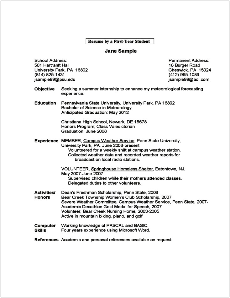 High School Or College First On Resume