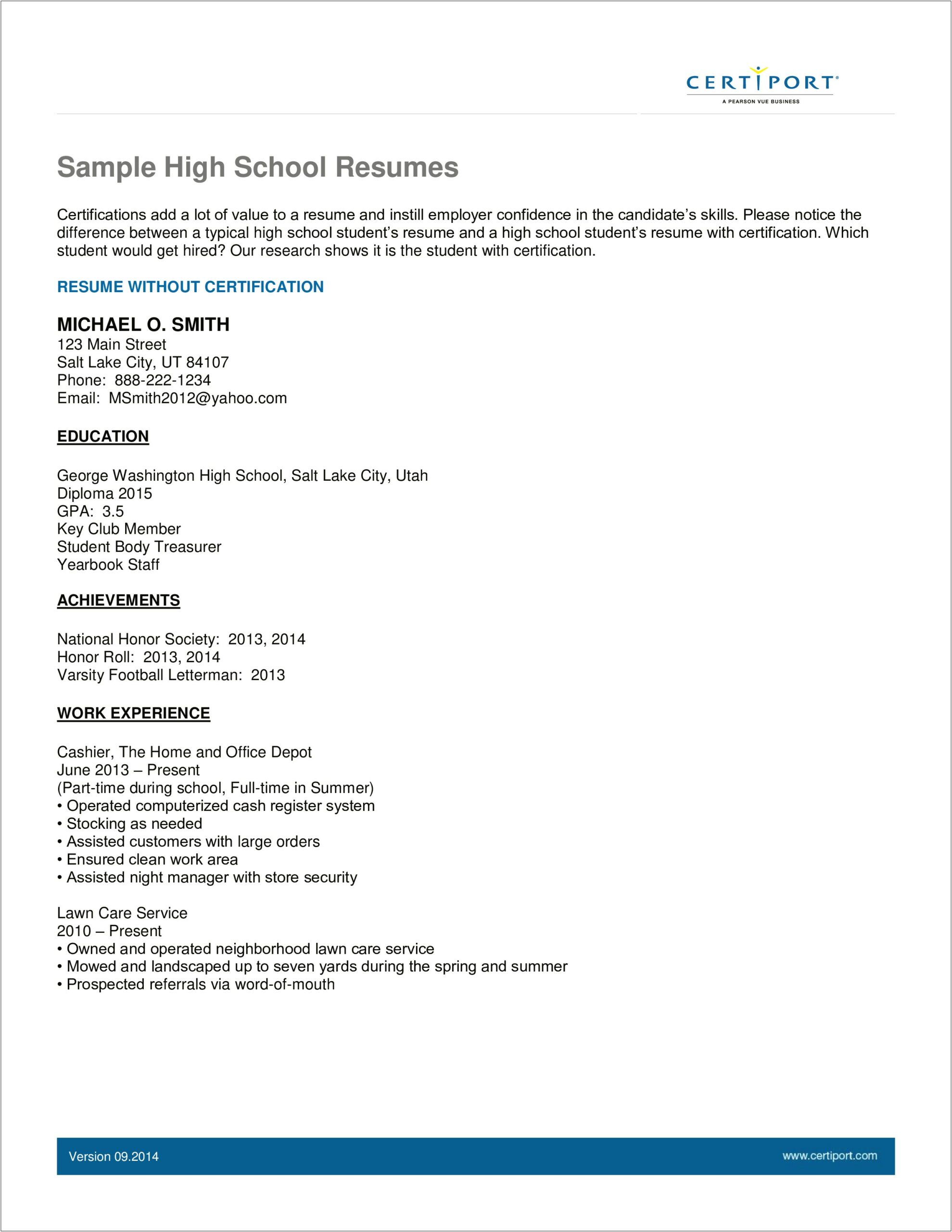 High School Resume Examples For Internships