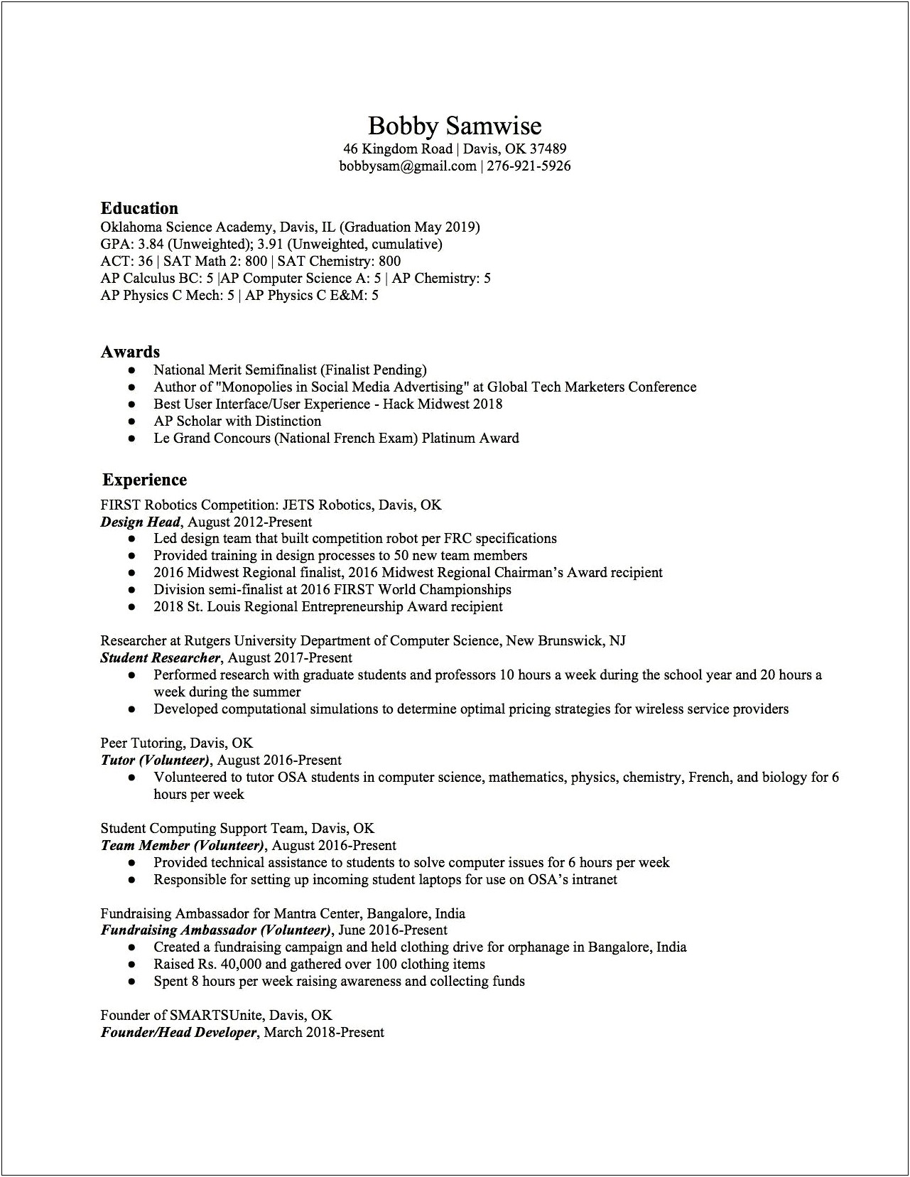 High School Resume Examples For Scholarships