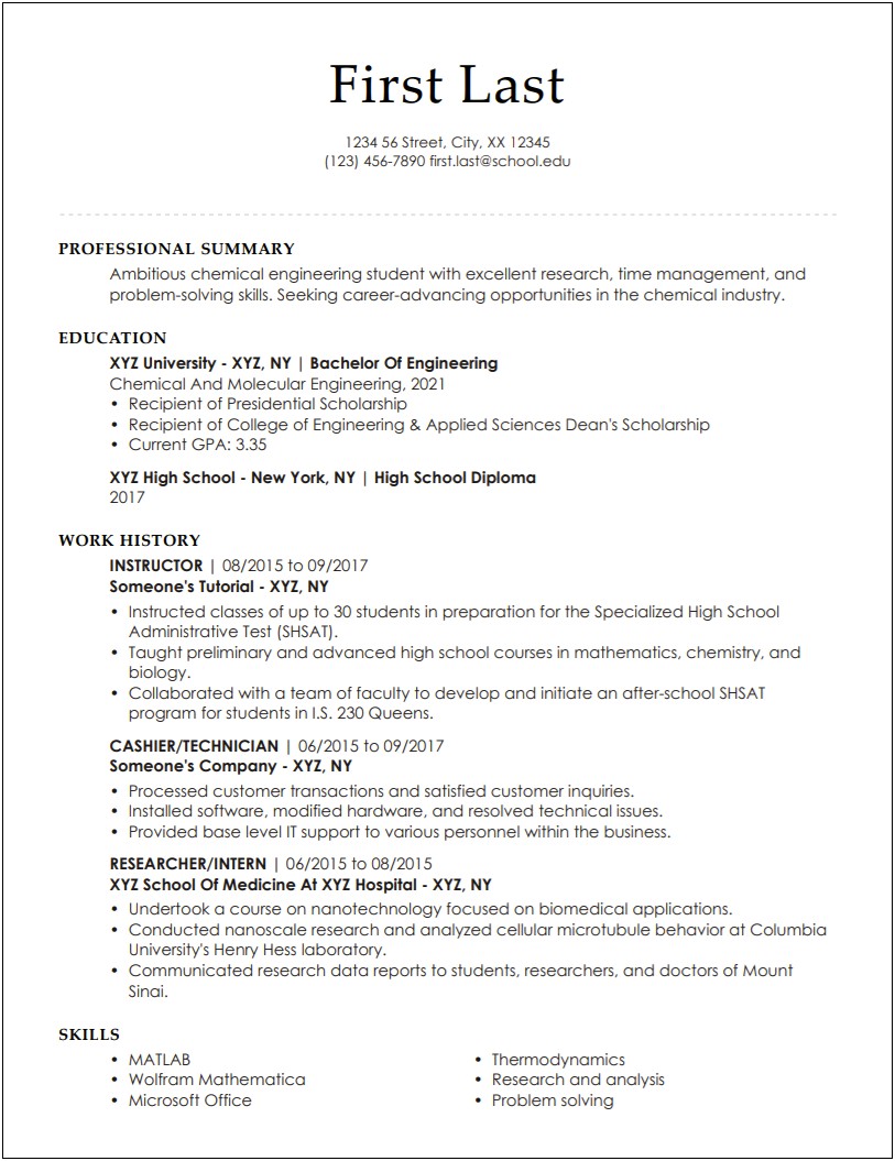 High School Resume For Engineering Internship