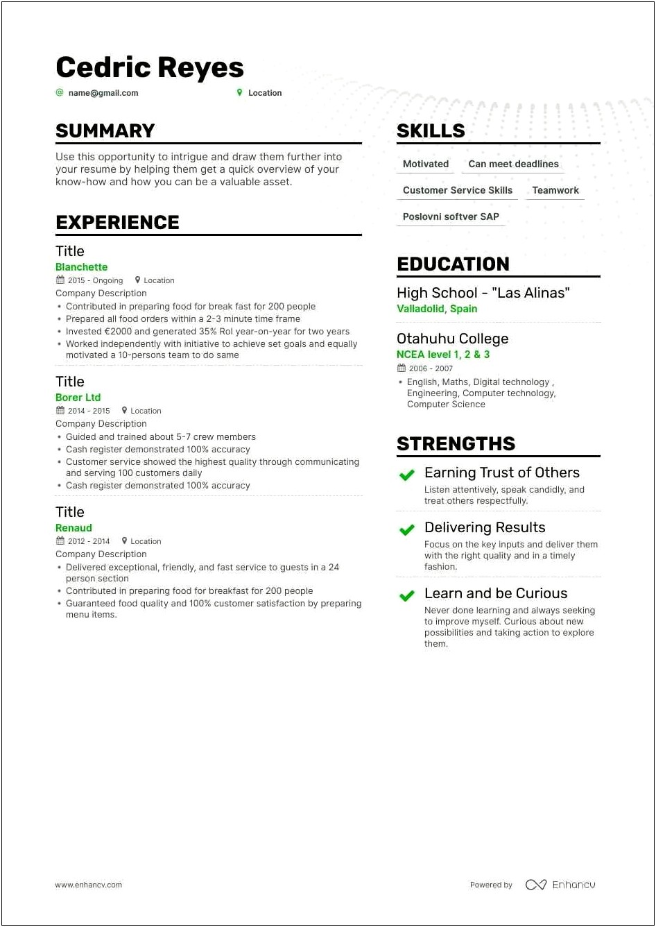 High School Resume For Fast Food
