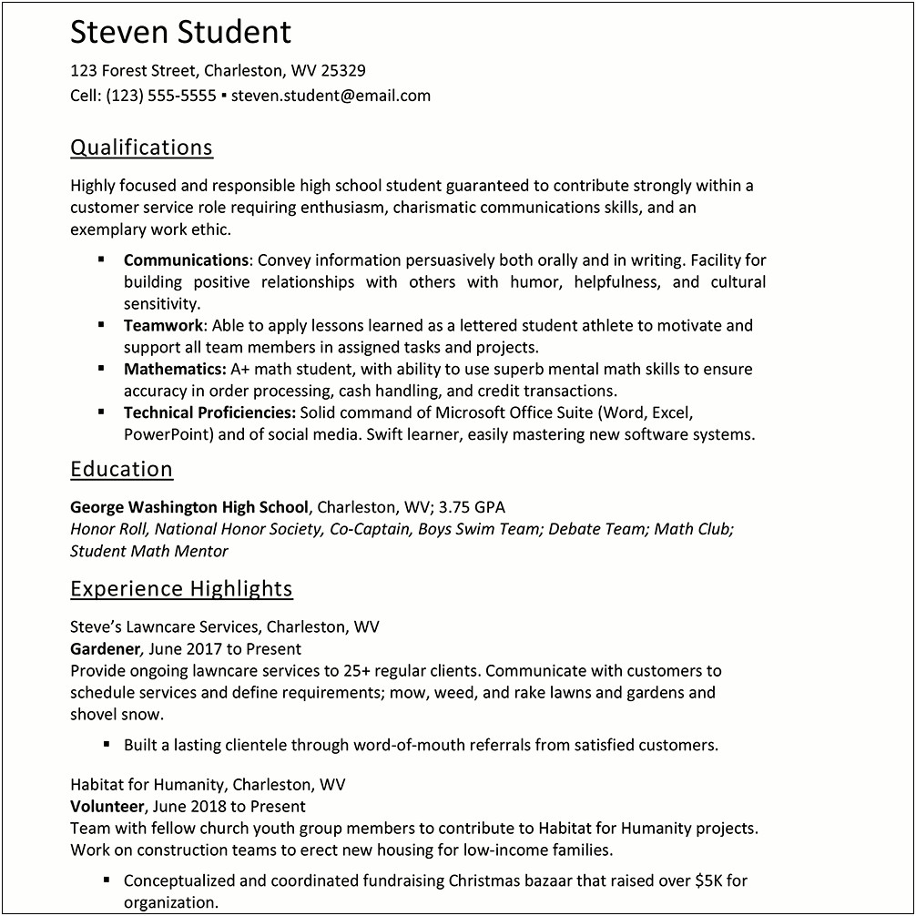 High School Resume For Volunteer Work