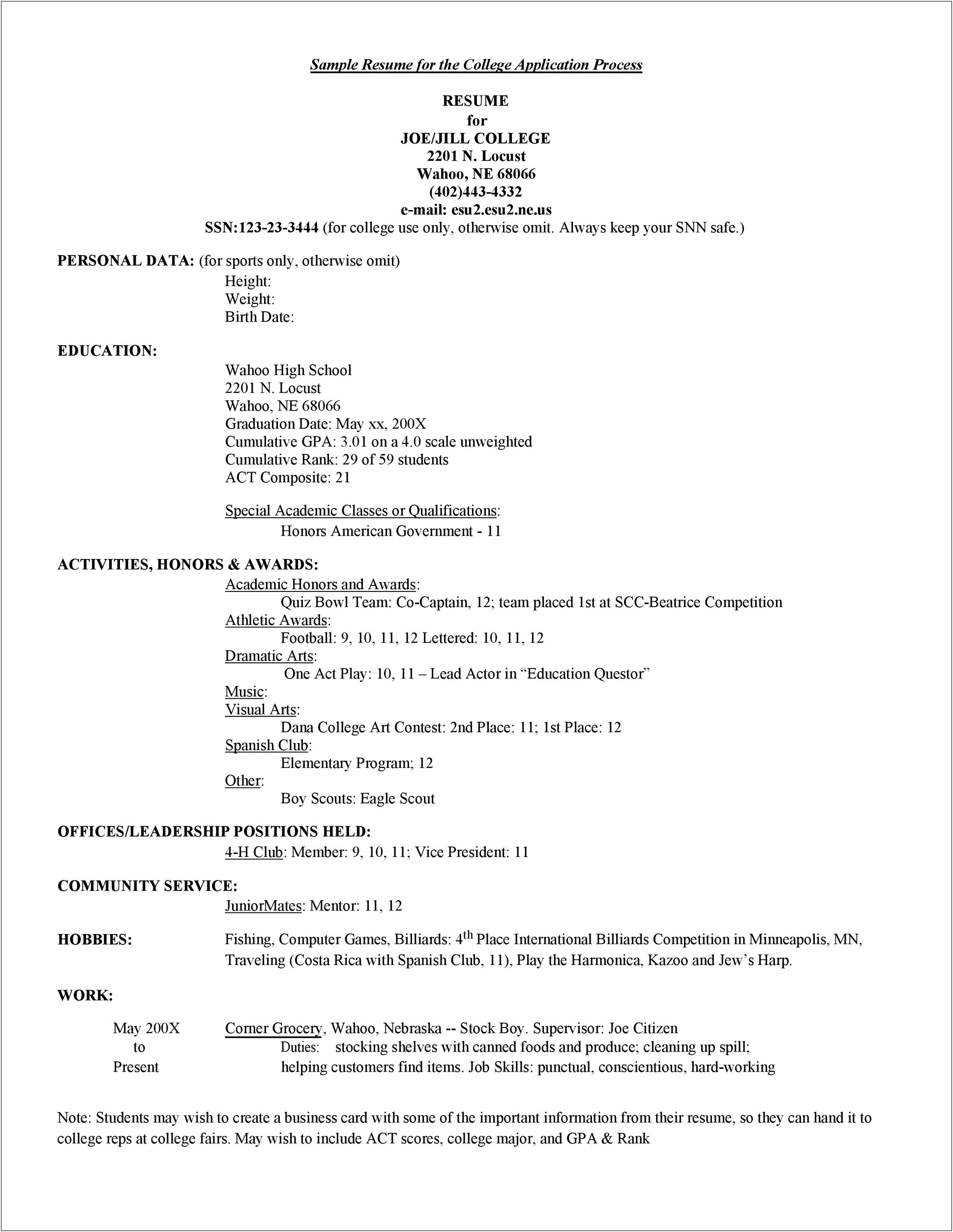 High School Resume Template For College Admission
