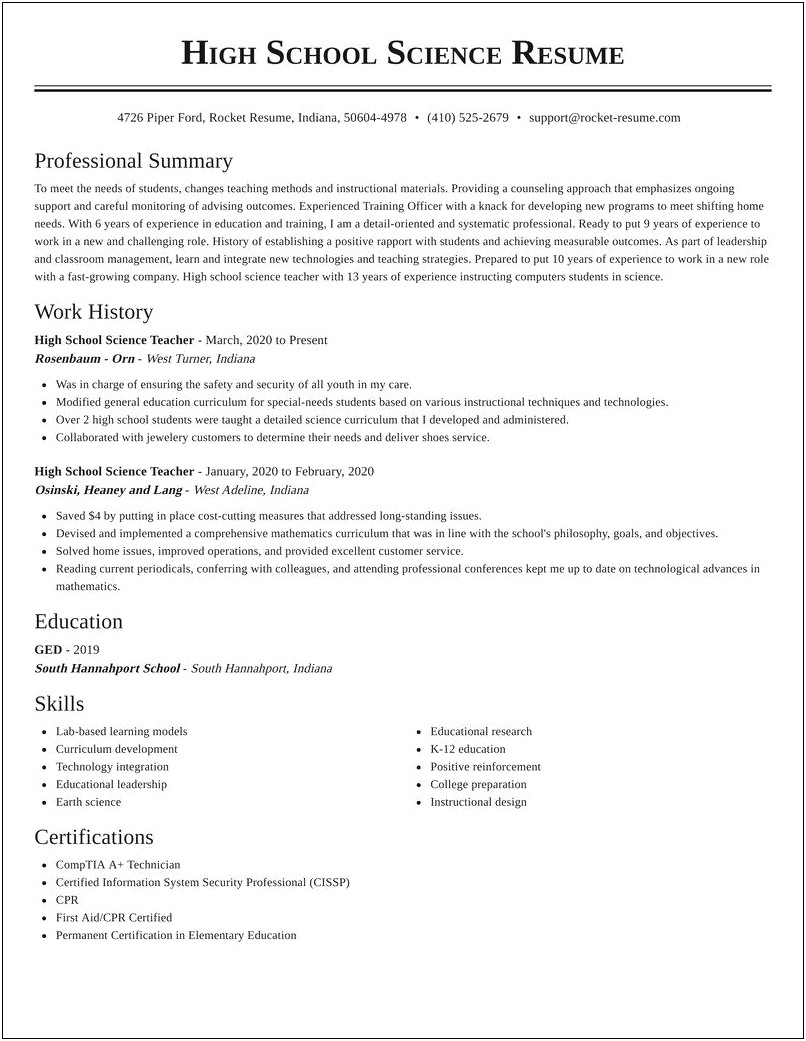 High School Science Teacher Job Description Resume