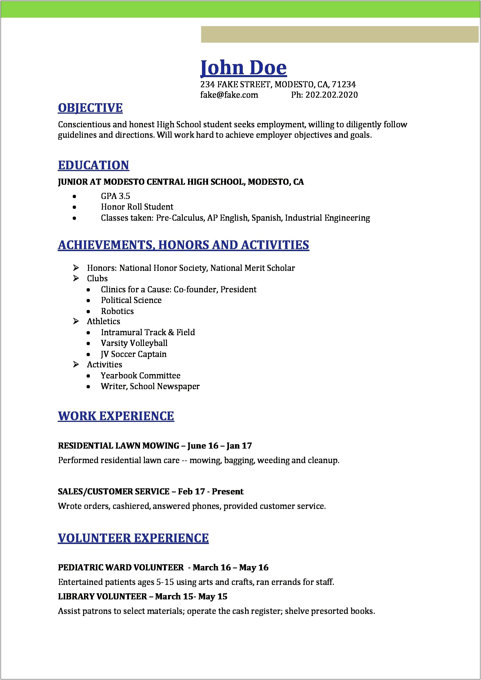 High School Seniors Resumes For Honors College