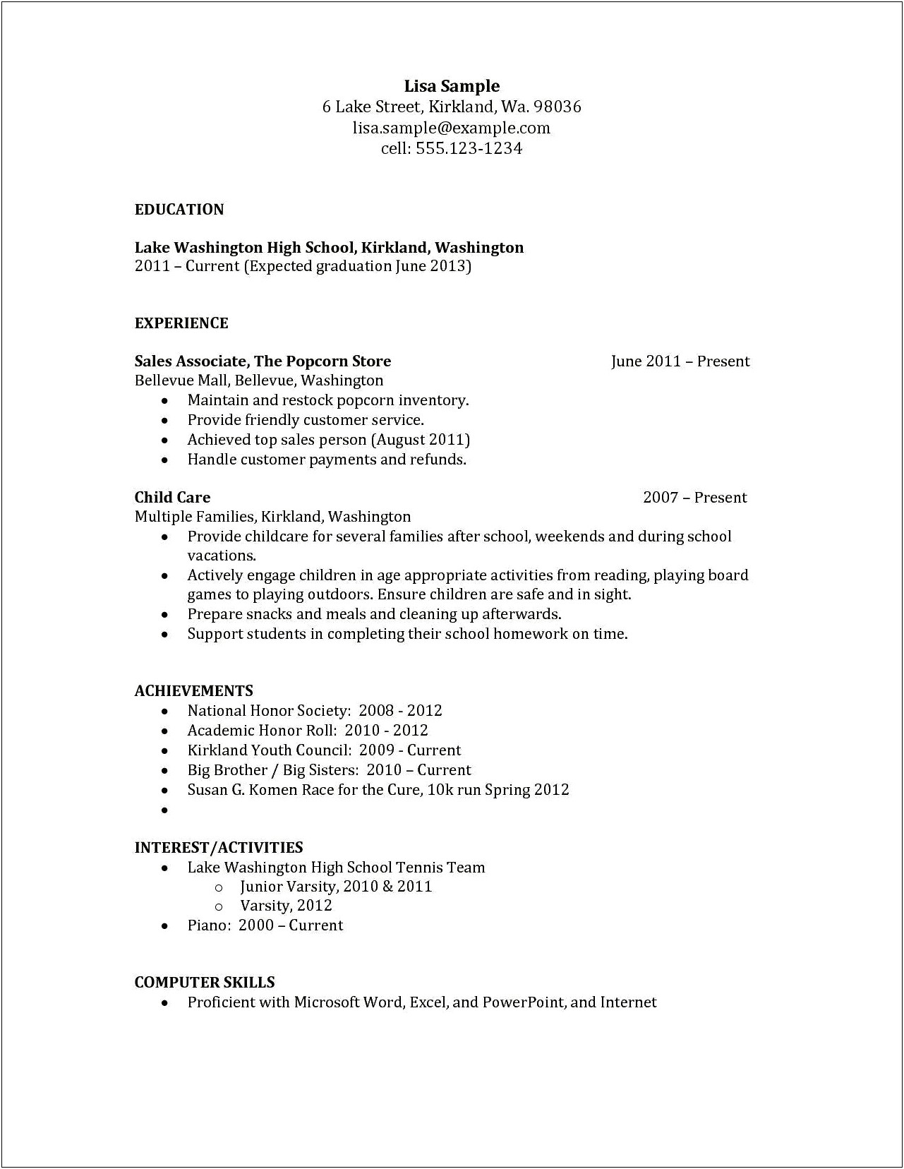 High School Student Resume Example No Experience
