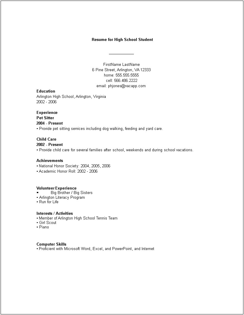 High School Student Resume Format Samples