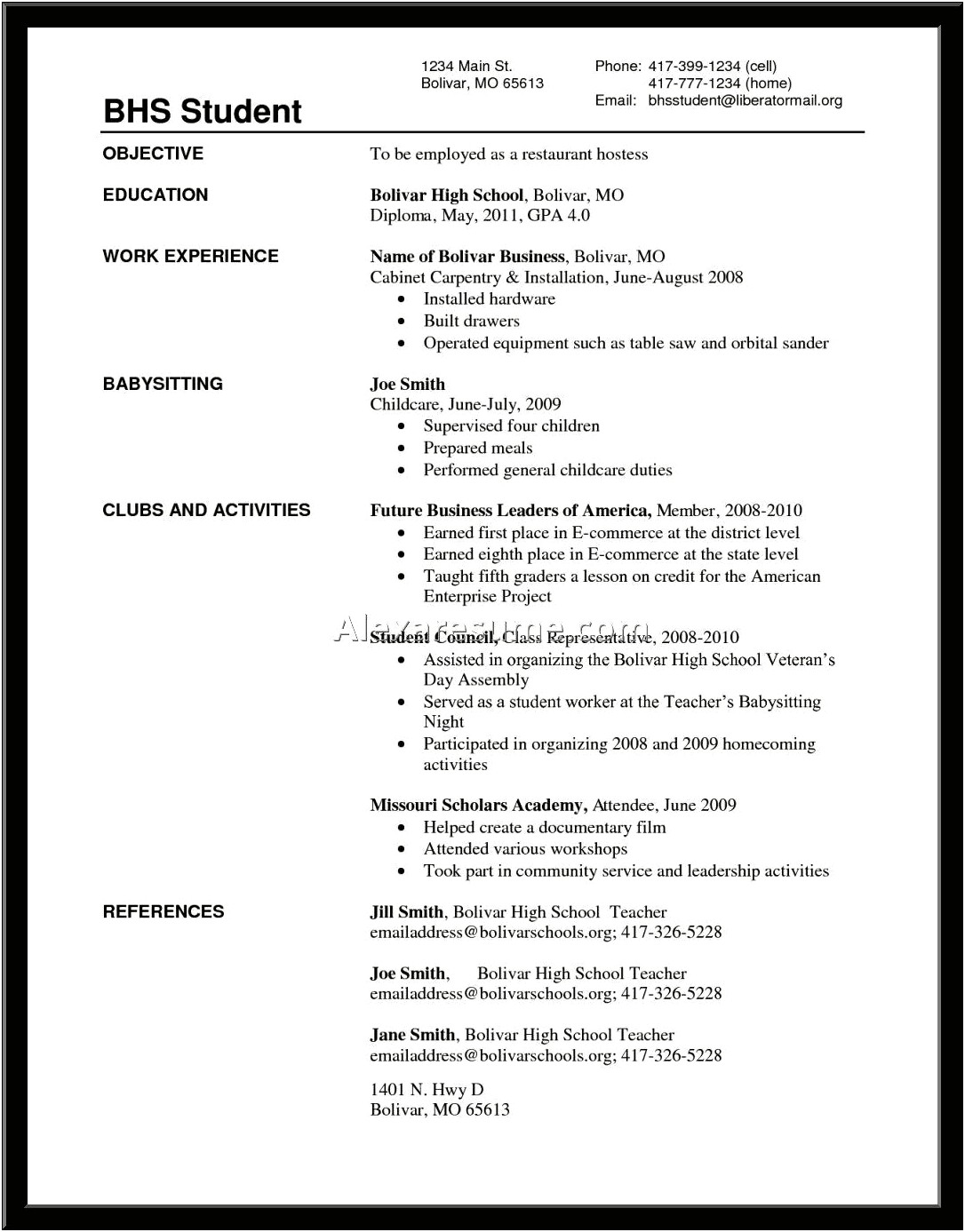 High School Student Resume Without Objective